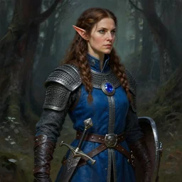 detail body portrait of pretty girl chain mail in the grim forest, blue surcoat, female, middle age, fantasy, digital art, award winning, scabbard, shield, round sapphire medallion, leather gloves, wide belt, elf, long weaving brown hair, celshading, oil paint, sharp focus, intricate, looks right by greg rutkowski, ilya kuvshinov
