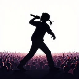 rapping into microphone, silhouette, huge crowd, outrun, psychedelic hip hop, simple shapes, trending on Artstation, professional artist, detailed, 4k