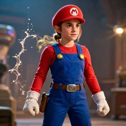 emma watson as super mario super mario in gears of war destiny 2, splash art, movie still, cinematic lighting, dramatic, octane render, long lens, shallow depth of field, bokeh, anamorphic lens flare, 8 k, hyper detailed, 3 5 mm film grain