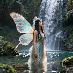 beautiful asian fairy with gossamer butterfly wings in beautiful nature with waterfall flowing over it, octane, redshift, photorealism, hyperdetailed, overgrown, small lake with reflections
