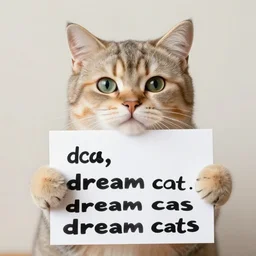 realistic high quality photo of a cute cat holding a sign with text that reads : drem, drea, dream caaats, cas, cat, dream cas, dream cats