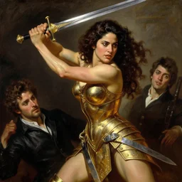 A Ruan Jia and Mandy Jurgens and Artgerm and William-Adolphe Bouguereau  oil painting of a beautiful muscular Salma Hayek wearing gold armor holding a large steel sword , dynamic shot , HD 4k , intricate , highly detailed , atmospheric , sharp, uncropped