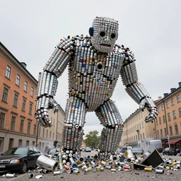 a gigant golem made out of aluminium cans wrecking havoc in stockholm sweden.