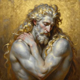 Poseidon\'s sad love story, oil painting by Bruno Bruni, mind-blowing art, very detailed, high quality, golden and silver colors