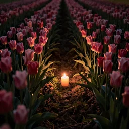 lone candle at night in a field of tulips