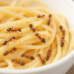colony of ants invading a bowl of spaghetti, close up photo
