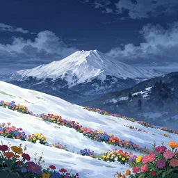 mountain, landscape, deep night, winter, snowy, full of colorful flower, beautiful cloud, quiet, no people, anime background, illustration, sharp focus, intricate, smooth, super wide angle, trending on artstation, trending on deviantart