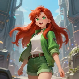 beautiful cute red haired joyful and playful nineteen year old young girl standing up in casual green clothing, long hair, green eye, cyberpunk city, rpg character, sci - fi, fantasy, intricate, elegant, digital painting, artstation, concept art, smooth, 8 k frostbite 3 engine, ultra detailed, art by artgerm and greg rutkowski and magali villeneuve