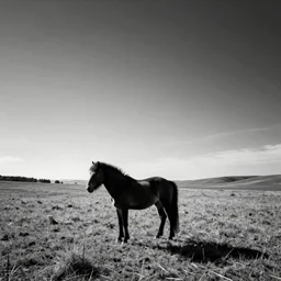 a small small horse is very far away in the field, it is barely visible, black and white photography, minimalism