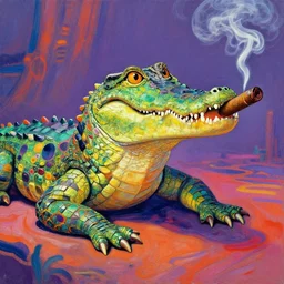 psychedelic crocodile smoking cigar, impressionism
