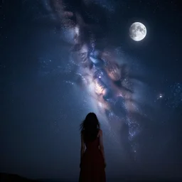 girl, woman, beautiful, starry sky, moon, galaxy, stars, beauty, scenery, milky way, light, night, adorable, photography, cinematic, incredible, trending, award winning, planet, dream, fantasy.