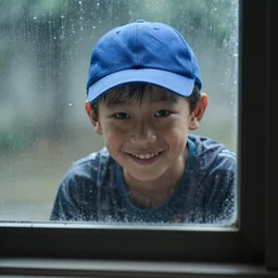 a 2 5 years old chinese man, wearing a blue cap, smiling creepy, while looking trought a window, in the rain