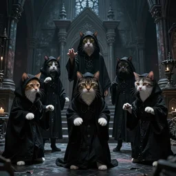 the group of cats dressed in ritual hoodies performing strange black magick ritual in a dark gothic temple of antichrist high quality 8 k videorender hdr art by giger, beksinsky, wayne barlove, greg rutkovski