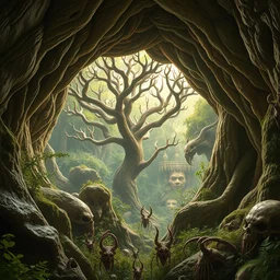 underground cave on an exotic alien planet with a jungle canopy of antler trees in the background, leafy overgrowth, insectile weeds, demon faces, skulls, by ian miller, rodney matthews and al feldstein, photorealistic render