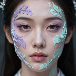 intricate highly detailed face portrait of asian - european woman, light purple and mint water vines on her face, intricate, cgsociety, unreal engine, octane render, sharp focus, smooth, volumetric lighting, cinematic composition, artstation