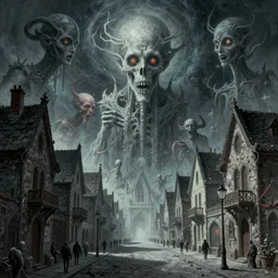 matte painting of town of cosmic entities beyond human comprehension, Zdzislaw Beksinski, Lewis Jones, street view, gothic, lovecraftian, grotesque, cold hue's