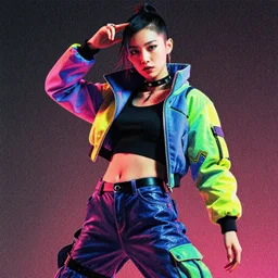 portrait of a cyberpunk fashion model with exuberant clothing style, colorful, dynamic pose, beautiful face, octane render, vray, detailed, halftoned, editorial photo, matte print, grainy light, ( ( dither ) ), risograph, high contrast, screen print, grainy texture, fujifilm superia, kodak portra