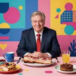 portrait of romantic viktor orban sitting behind a table full of bacon, memphis group, 1 9 8 0 s, kitch, colourful, shapes