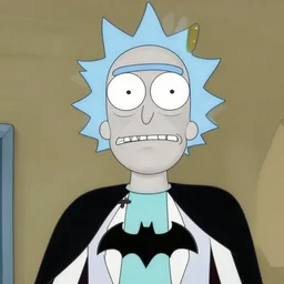 batman with squiggly eyes in the style of rick and morty, squiggle pupils, cartoon, adult swim, studio deen
