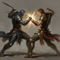 fighting scene, action poses, clash, duel, rogue and warrior intricate, highly detailed, digital painting, artstation, concept art, smooth, sharp focus, illustration, Unreal Engine 5, 8K, art by artgerm and greg rutkowski and alphonse mucha