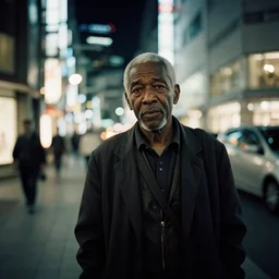 old black man in tokyo at night, cinestill 8 0 0,