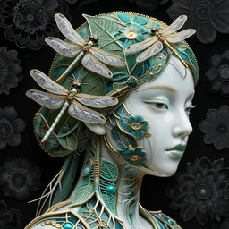 dark scene, ultra detailed, of a porcelain woman's face made of big leaves and large Dragonflies, stems, roots, fine foliage lace, turquoise gold details, high fashion haute couture, art nouveau fashion embroidered,  intricate details, mesh wire, mandelbrot fractal, anatomical, facial muscles, cable wires, elegant, hyper realistic, dark flower pattern wallpaper, ultra detailed