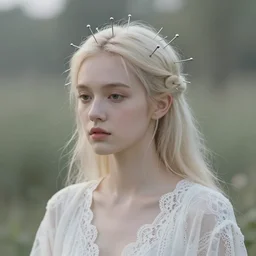 nails and needles sticking out of a stupid head, in style of paolo roversi, britt marling style 3 / 4, a beautiful ethereal lace white robe, 8 k, soft focus, soft light, volumetric lighting, highly detailed realistic, refined, highly detailed, natural outdoor soft pastel lighting colors scheme