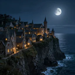 A medieval fantasy village on the side of a cliff by the ocean , crescent moon, light glowing from windows at night concept art by James Paick