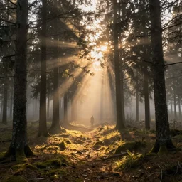 swedish forest, photoreal, dawn, hazy, fog, golden hour, sunlight, beautiful!!!!!!!!!, greg rutkowski, cinematic, atmospheric