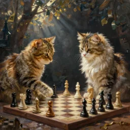 cats playing chess, surreal oil painting