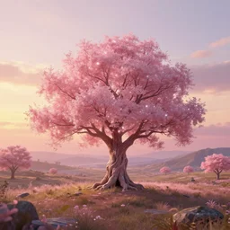 an enchanted shimmering pink tree in the middle of a stunning fantasy landscape during sunset, golden hour, by daniel conway, greg rutkowski and andreas rocha, highly detailed, soft illumination, fantasy, concept art, trending on artstation, sharp focus, hasselbrad photography, beautiful digital art