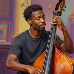 beautiful expressive!!! musical digital painting of ( ( jacob collier playing the bass ) ). beautiful highly detailed expressive!! face, intricate musical vibrant atmosphere, joyful!!!!! trending on artstation, stunning digital painting, hyper detailed, 4 k, high quality, smooth, sharp focus