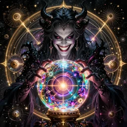 an evil cosmic woman with an evil grin with her hands around a crystal ball of multiple universes chromatic neon bioluminescent interdimensional elegant evil horror trending on artstation ernst haeckel cgsociety contest winner symmetrical golden ratio centered intricate detailed refined