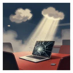 editorial illustration by karolis strautniekas and mads berg, office interior, broken laptop screen, liquid clouds, fog, red black yellow beige, fine texture, detailed, muted colors, film noir, dramatic lighting, dynamic composition, vivid, matte print, wide angle, shattered glass ( ( sunbeams ) ), moody, blue tint