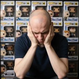 a depressed nerdy balding guy sad in front of his collection of funko pop, realistic