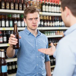 boy hold beer bottle in the shop. angry casier refuse to sell.