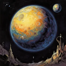 very detailed, prophet graphic novel, ilya kuvshinov, rutkowski, simon roy, illustration of a malevolent planet viewed from space, wide shot, colorful, deep shadows,