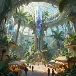 Matte painting of the interior view of giant botanical museum. Magitech aetherpunk crystals. Street Market. Fantastical, detailed digital art trending in artstation