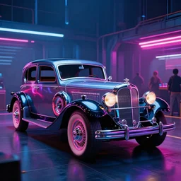 full color photo of cyberpunk version of a 1 9 3 0 cadillac v 1 6, neon