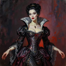 beautiful oil painting with high detail of a beautiful vampiric countess, in the style of Midjourney, elegant and intricate stylized design of royal dress with corset, ethereal, sinister, cinematic and art direction by Drew Struzan ;by artgerm; James Jean, Noah Bradley, Darius Zawadzki, Zdizslaw Beksinski, Wayne Reynolds art station; cinematic quality character render; vivid and vibrant; low angle; ultra high quality model; production quality cinema model;