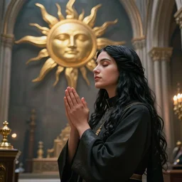 a priestess with long black hair, praying for the sun god in a cathedral. Epic fantasy, 4k. realistic. Detailed. Digital painting. Sharp focus, illustration, Beautiful, gorgeous. Cinematic. Dramatic. High contrast. artstation.