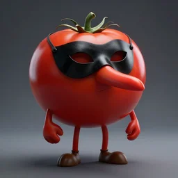 a highly detailed tomato character, long crooked nose, wearing a black pulcinella masquerade mask, cinematic lighting, deviantart, full body, wide shot, octane render, lowbrow, surrealism, artstation, acclaimed movie still