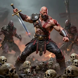 a highly detailed beautiful 3 5 mm photo of dwayne johnson kratos hybrid god of war holding a sword and fighting zombies on a pile of human skulls, spartan warrior, olympian god, muscular!, frank frazetta, boris vallejo, action pose, ambient lighting, volumetric lighting, octane, fantasy
