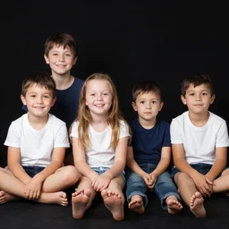 four people, one girl and three boys sitting together, they are siblings, black background, 8 0 mp photography, all are visible