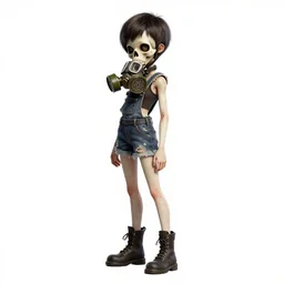 a grungy skull woman with short pixie cut hair, soft eyes and narrow chin, dainty figure, torn overalls, short shorts, combat boots, gasmask, basic white background, side boob, symmetrical, single person, style of by jordan grimmer and greg rutkowski, crisp lines and color,