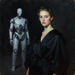 hyperrealism oil painting, portrait, fashion model in front and melting cyborg in distance, black robe, complete darkness, in style of classicism mixed with 8 0 s sci - fi hyperrealism