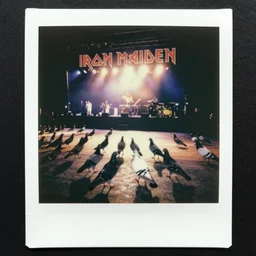 80s polaroid colour flash photograph of pigeons attending an Iron Maiden concert