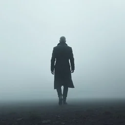 man in long coat walking away disappearing into the misty backdrop, mysterious, concept art, key visual, ominous