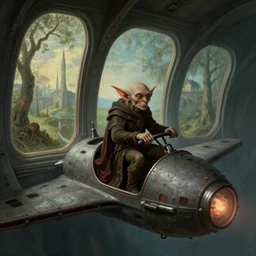 medieval goblin riding in a spaceship with large windows painted by hieronymus bosch, detailed digital art, trending on Artstation