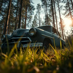 abandoned old car close - up in the forest, macro, grass, detailed, huge scene, warm lighting, concept art, beautiful, art greg rutkowski, low angle, high detail, godrays, cinematic view, volumetric, epic sky, vivid, trending on artstation, by jordan grimmer